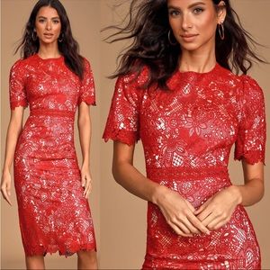 Lulu’s Dress Amore Red Crochet Floral Lace Short Sleeve Midi Romantic